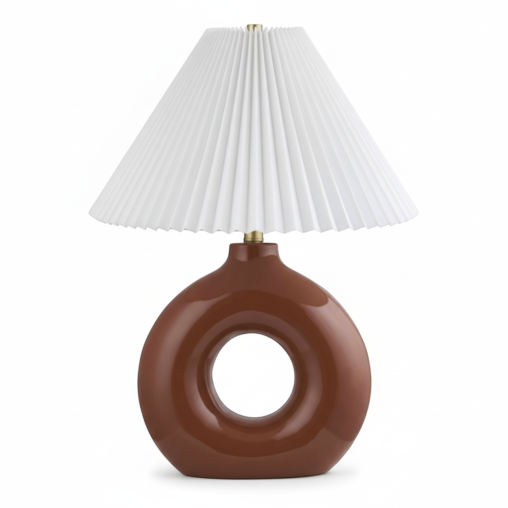 Trộm vía Miasskoye traditional red ceramic table lamp with white pleated polyester shade and bronze finial.